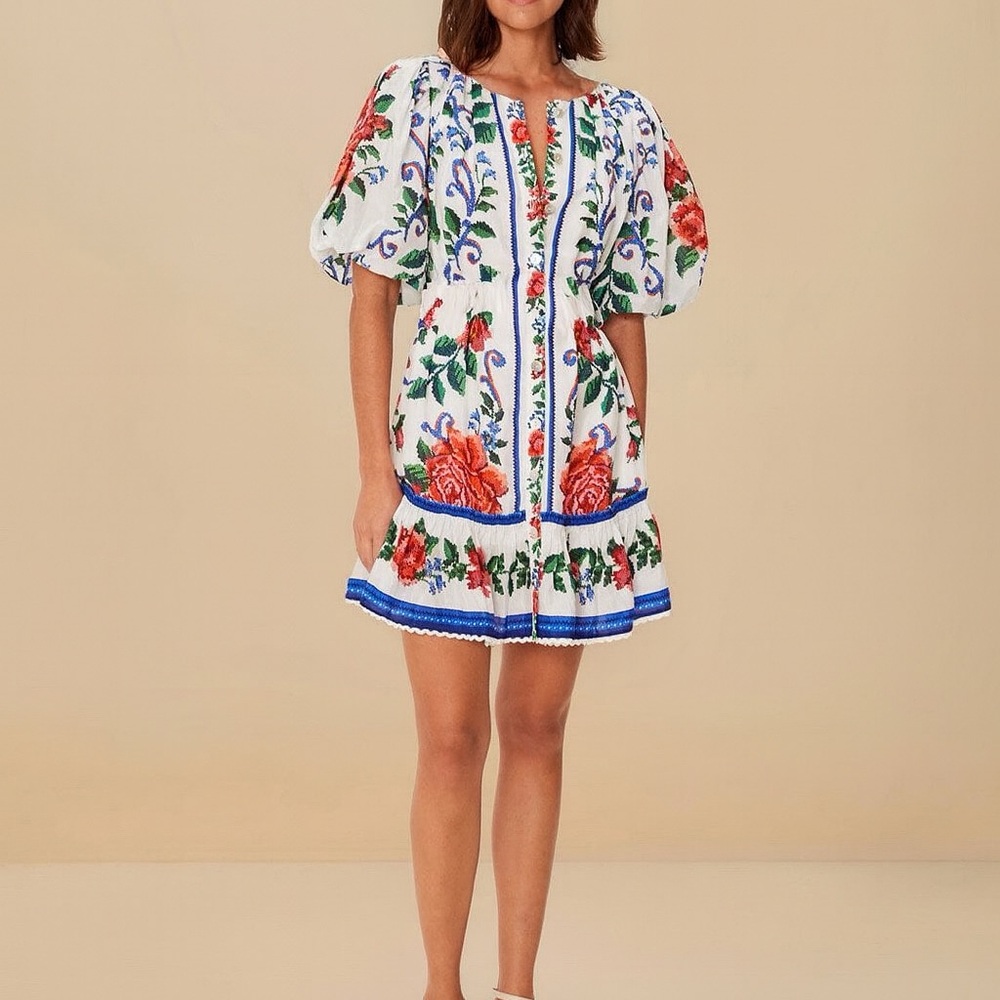 Farm Rio Off-White Flower Tapestry Mini Dress Size XXS